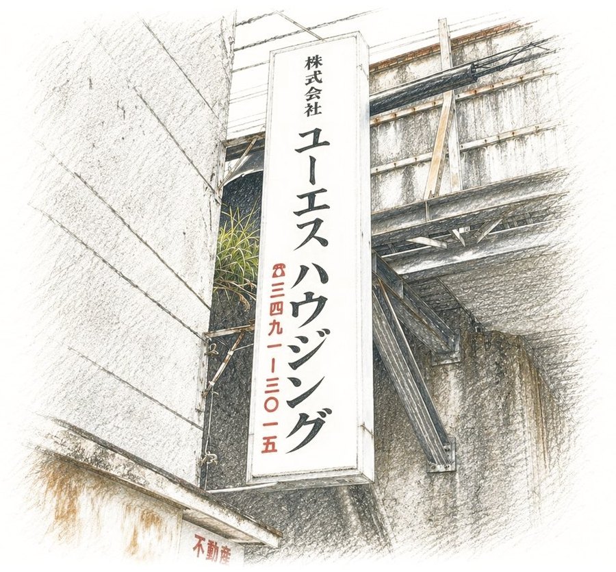 西品川の事務所に掛かる株式会社ユーエスハウジングの看板を描いたイラスト（電話 三四九一の三〇一五）